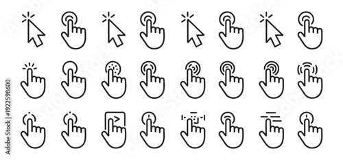 Collection of cursor and hand icons for digital interaction and user interface actions on screen