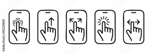 Smartphone touch gestures icons depicting tap swipe pinch zoom and screen interaction for user experience