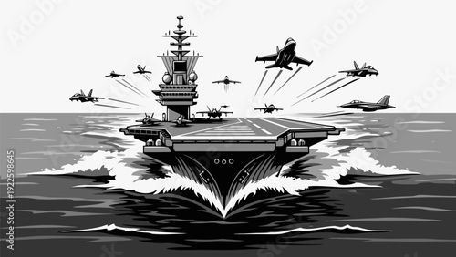 Vector Illustration of Dynamic Aircraft Carrier and Fighter Jets in Ocean Environment with Black-and-White Graphic Design