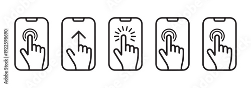 Collection of smartphone touch interaction icons representing tap swipe and screen actions for apps