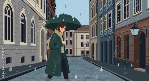 Woman walking with an umbrella in the rain.