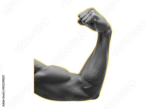 Man flexing biceps halftone collage. Trendy retro halftone collage element on transparent background.