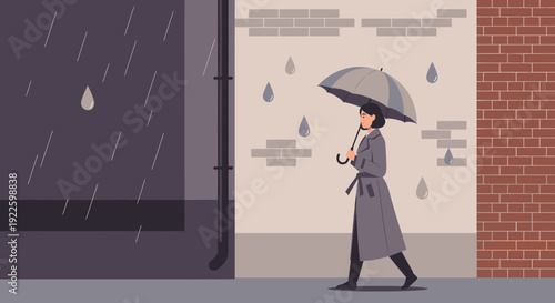 Woman walking with umbrella in the rain.