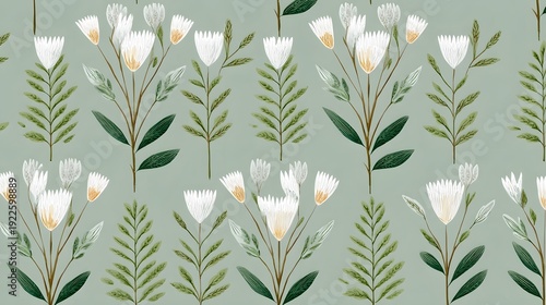 A charming repeating botanical pattern featuring hand drawn style white wildflowers with yellow centers and lush green fern like foliage set against a soft muted green backdrop