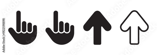 Black hand cursor icons and up arrow symbols set isolated on white background for website interface navigation