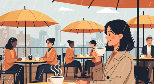 Young woman enjoying a coffee break at an outdoor cafe.