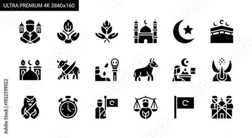 A minimalist black silhouette icon set containing twelve original conceptual icons inspired by Eid al-Adha themes such as generosity, devotion, unity, and ethical values