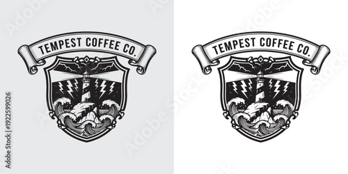 Tempest Coffee Co Nautical Logo with Lighthouse Storm and Shield Ribbon