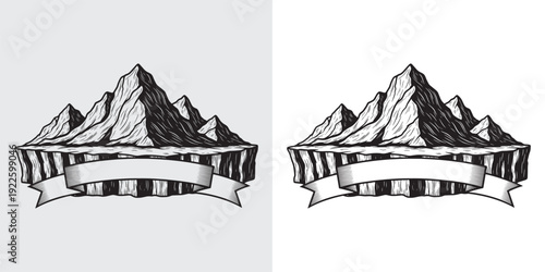 Majestic Mountain Peak Landscape Illustration with Blank Ribbon Banner