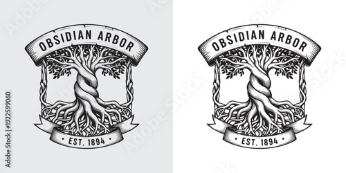 Obsidian Arbor Twisted Tree of Life Logo with Roots and Vintage Ribbon