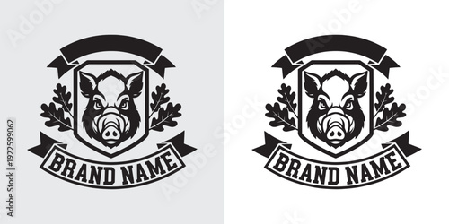 Fierce Wild Boar Head Mascot Logo with Shield and Oak Leaves