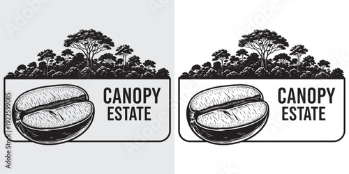 Canopy Estate Coffee Label with Large Single Bean and Forest Background