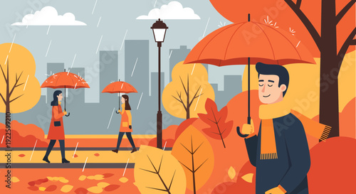 Man enjoying a rainy autumn day with an orange umbrella.