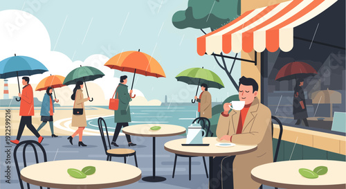 Man enjoying coffee at an outdoor cafe on a rainy day.