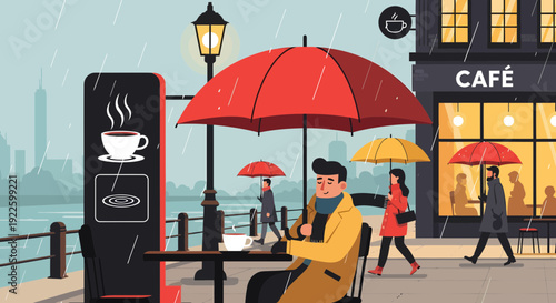 Man enjoying coffee under a red umbrella at an outdoor cafe in the rain.