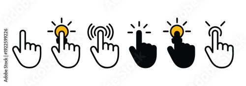 Set of vector hand cursor click icons with glow, pointer in outline and solid styles