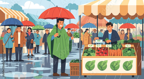 Man in a green poncho holding a red umbrella at a rainy outdoor market.