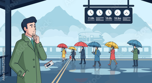 Man in green coat contemplating at a rainy train station.