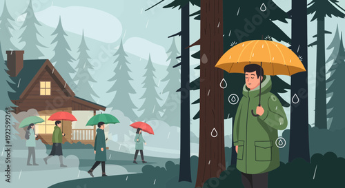 Man in green raincoat holding yellow umbrella in the rain.