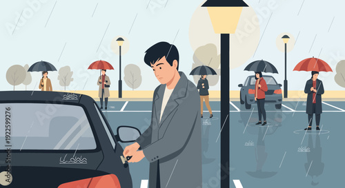 Man opening car door in a rainy parking lot.