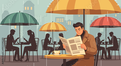 Man reading newspaper at outdoor cafe on a rainy day.