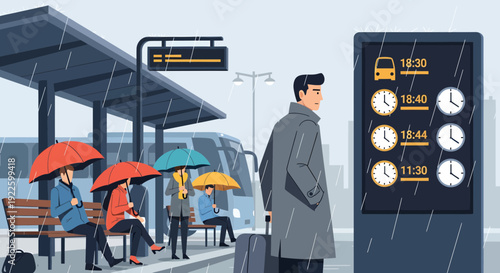 Man with luggage waiting for bus at a bus stop on a rainy day.