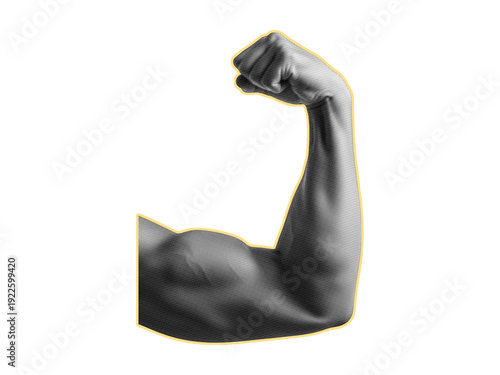 Man flexing biceps halftone collage. Trendy retro halftone collage element on transparent background.