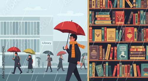 Man with red umbrella walking in the rain.