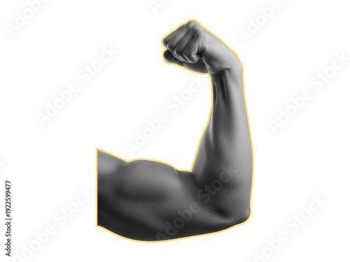 Man flexing biceps halftone collage. Trendy retro halftone collage element on transparent background.