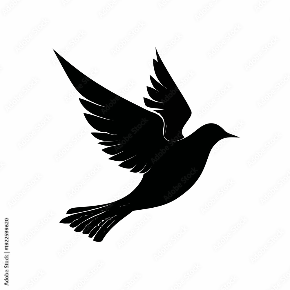 Obraz premium The black silhouette of a bird in vector format flies through the air.
