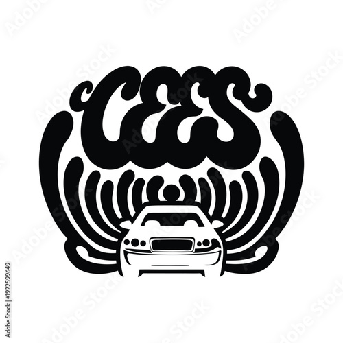 Stylized car with Wi-Fi signal design representing connected vehicle technology, smart transport and internet of things mobility concept