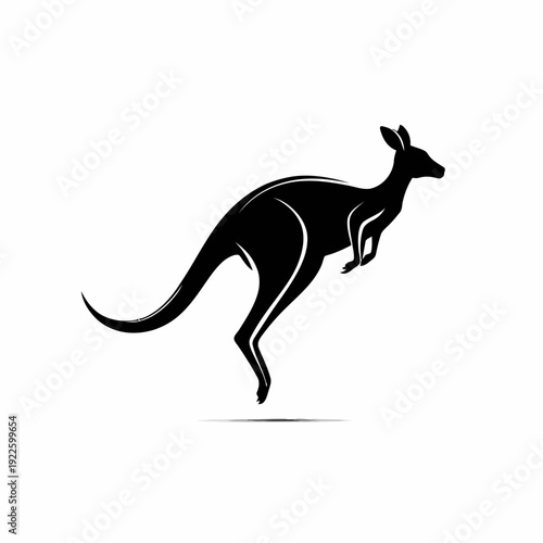 A black vector silhouette of a kangaroo is shown jumping.
