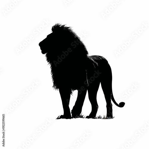 A black vector silhouette of a lion standing in profile on grass