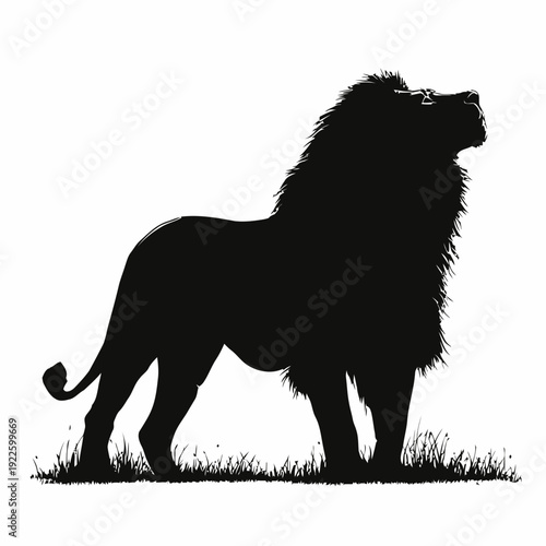 Vector silhouette of a majestic black lion standing tall on grassy terrain.