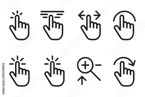 Set of hand cursor icons representing different touch gestures and mouse actions on screens