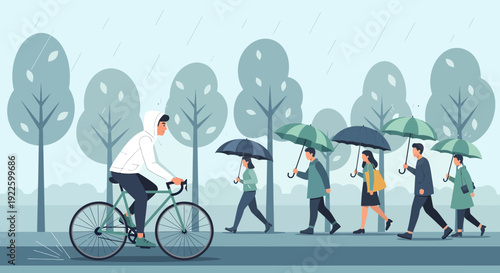 People walking with umbrellas and a man cycling in the rain.