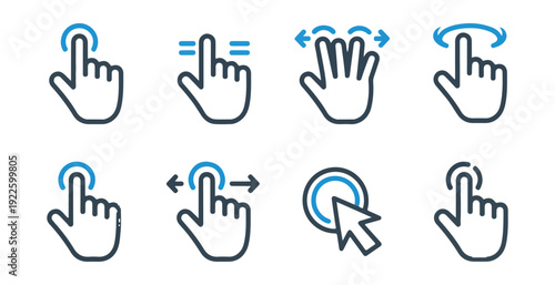 Blue outlined hand gesture icons for touch screen interaction swipe pinch zoom rotate and tap actions