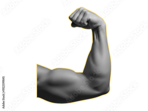 Man flexing biceps halftone collage. Trendy retro halftone collage element on transparent background.