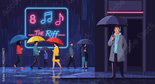 People walking with umbrellas in the rain at night.