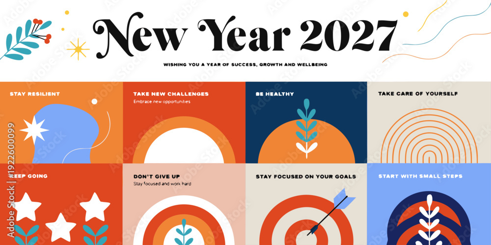 Naklejka premium New Year 2027 Motivational Greeting – Positive Affirmation Cards, Modern Wellness Designs & Inspiring New Year Templates