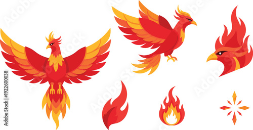 Phoenix Bird Vector Set with Rising Fire Mythical Creature Illustrations Isolated on White Background for Fantasy Design