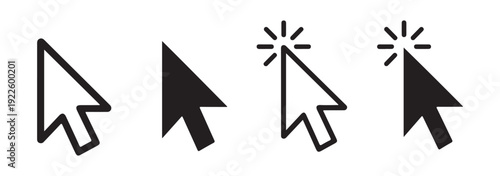 Set of four outline and solid black cursor arrow icons with and without click effect