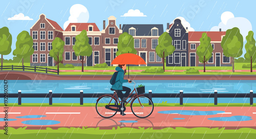 Person cycling with an umbrella in a city.