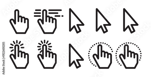 Diverse set of cursor icons including hand pointer and arrow shapes with various click effects