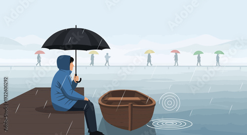 Person in blue raincoat holding umbrella sitting on dock next to small boat.