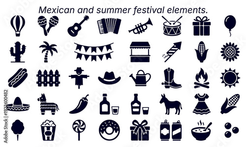 Collection of dark blue icons representing Mexican culture and summer themes