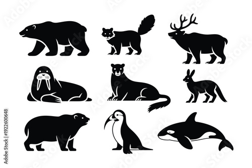 Black silhouettes of polar animals and arctic wildlife