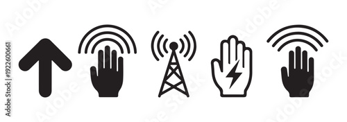 Solid black silhouette icons showing signal tower directional arrow and hand gestures with energy and wifi waves
