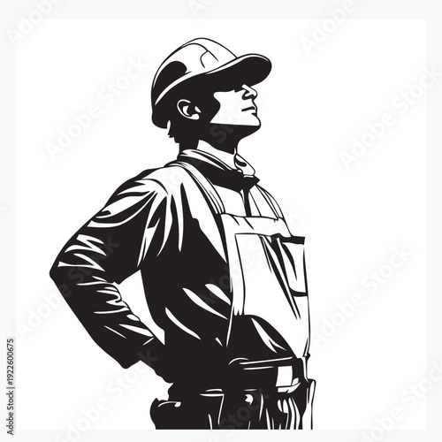 vector silhouette of a carpenter in a helmet on a white background