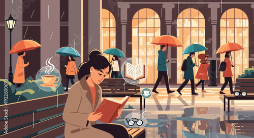 Woman engrossed in reading a book on a bench.